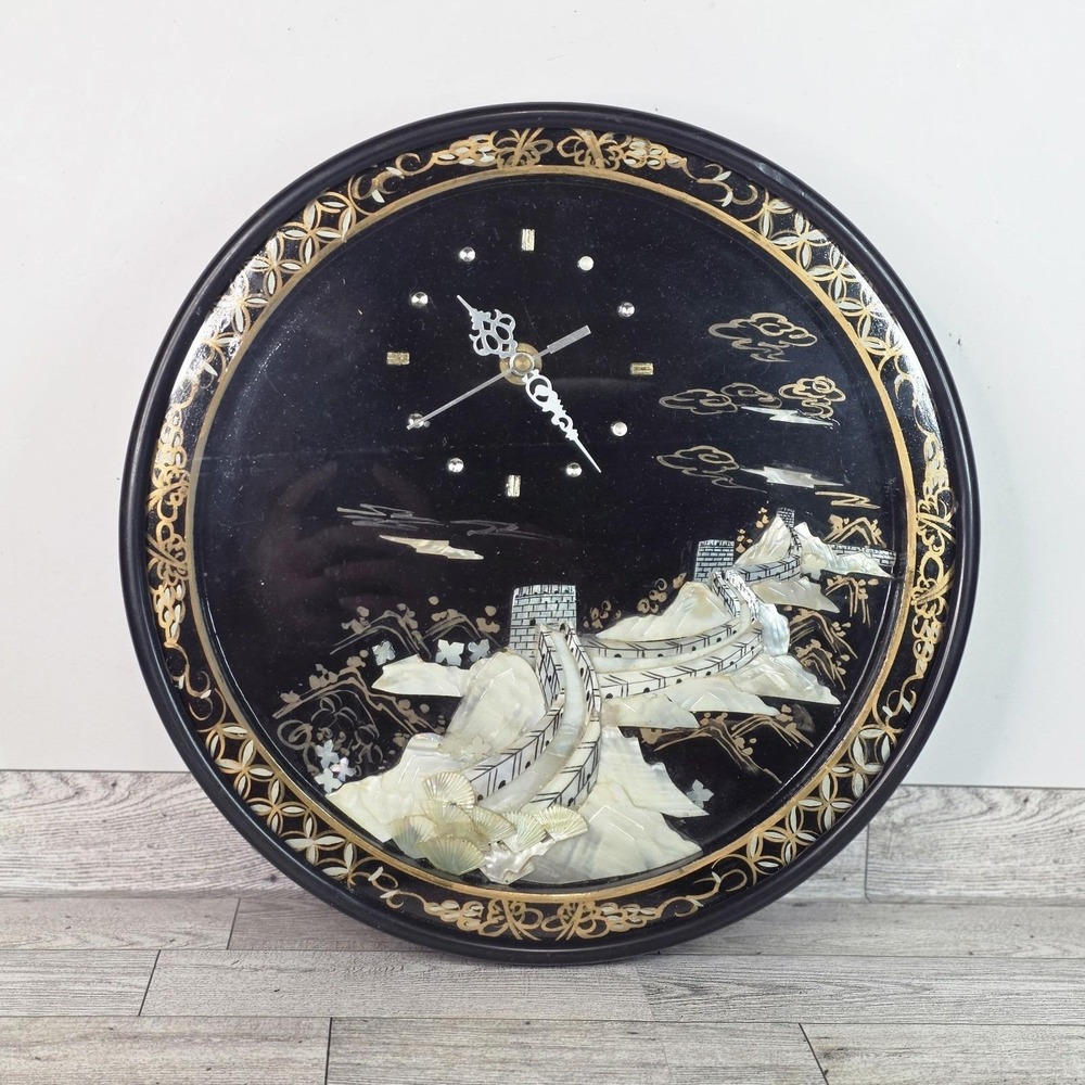 VTG Chinese Black Lacquer Wall Clock Mother of Pearl Inlay Great Wall ChinaWorks